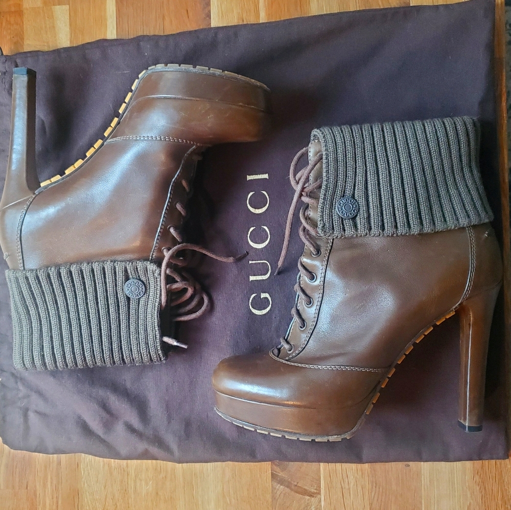Gucci Brown Leather Lace-Up Ankle Boots with Knit Cuffs